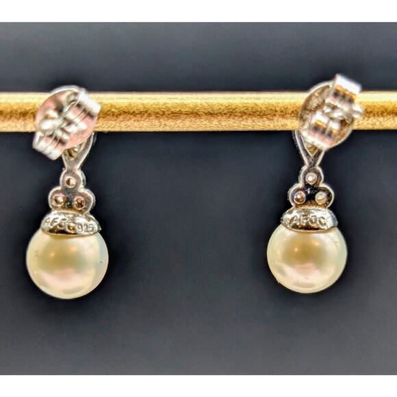 AFJC 925 Sterling Genuine Pearl White Sapphire Drop Earrings - Picture 5 of 6